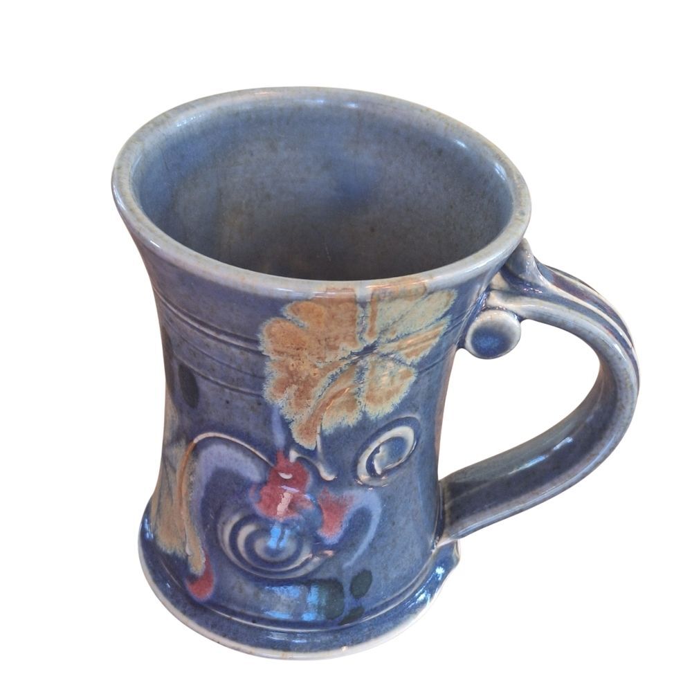 Vintage Hand Thrown Pottery Mug Art Studio Glazed Stoneware Blue 16 Oz 5" Signed
